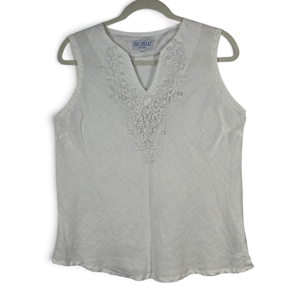 Sagimar Tank Top Womens Lrg Linen White Lace V-Neck Embroidered Italy Sleeveless